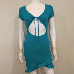 SHEIN Teal Cut Our Front Tie Bust Short Sleeve Ruffle Hem Mini Dress Size Small